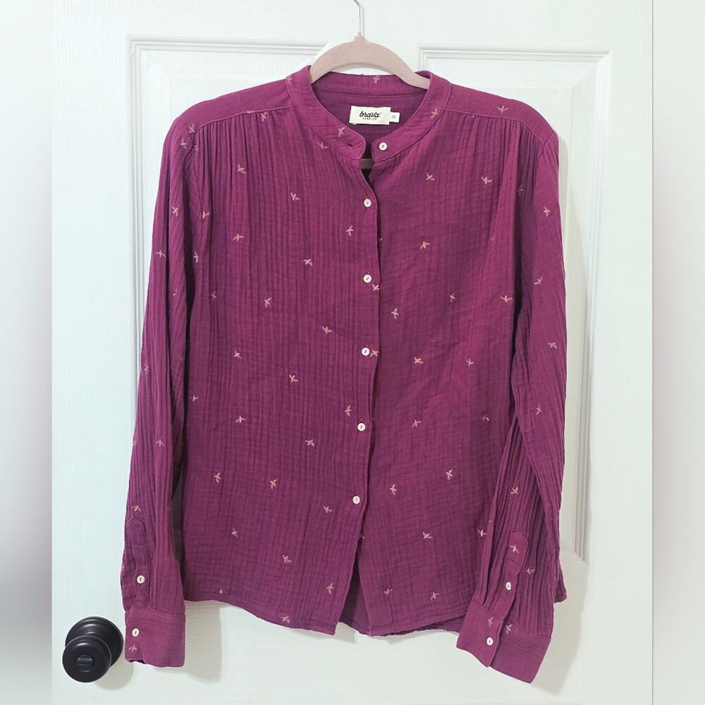 Brava Fabrics Dusk Cotton Blouse XS Purple Boho Embroidered Button Up Ethical